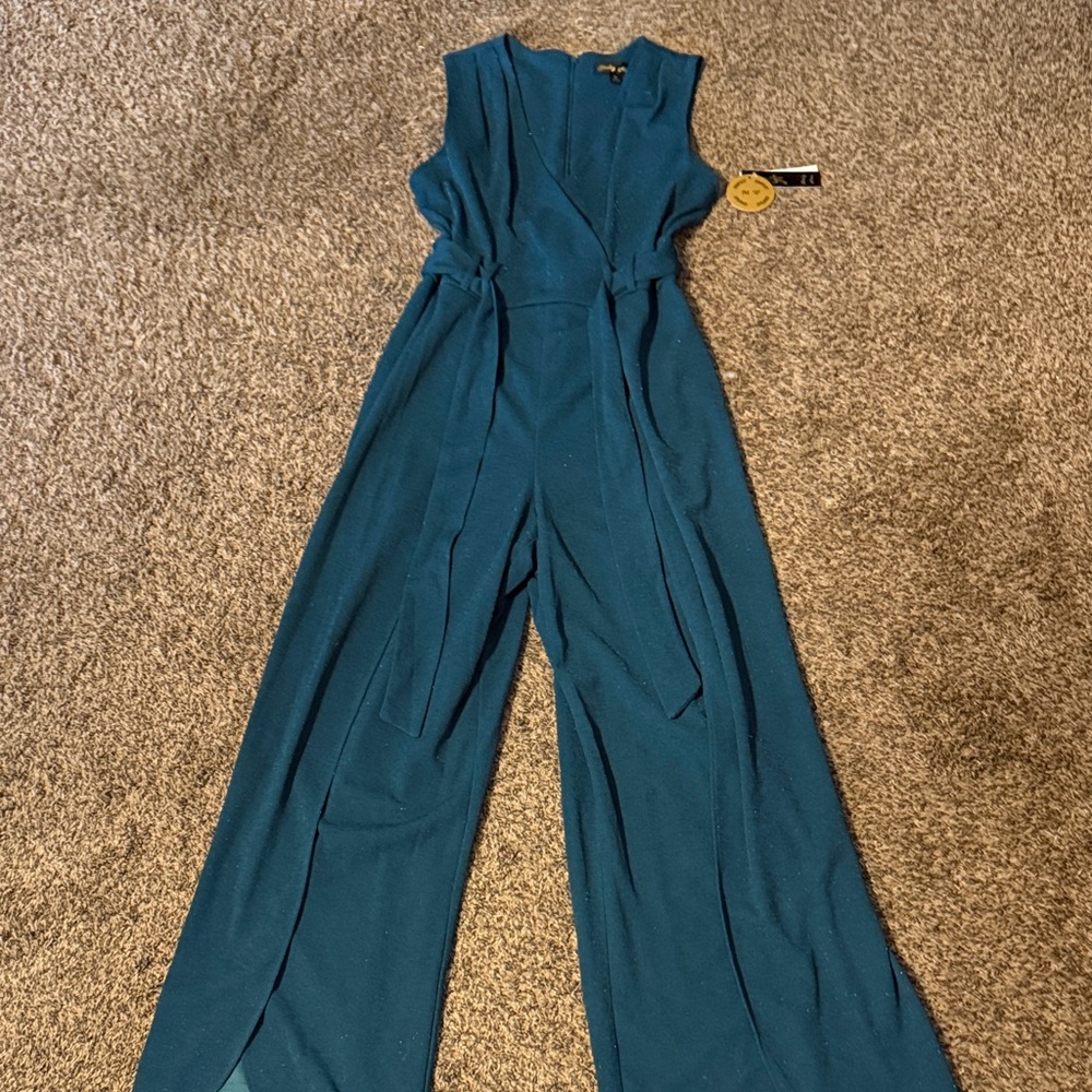 Shelby Nites Sparkly Sleeveless Teal Jumpsuit, Size 10
